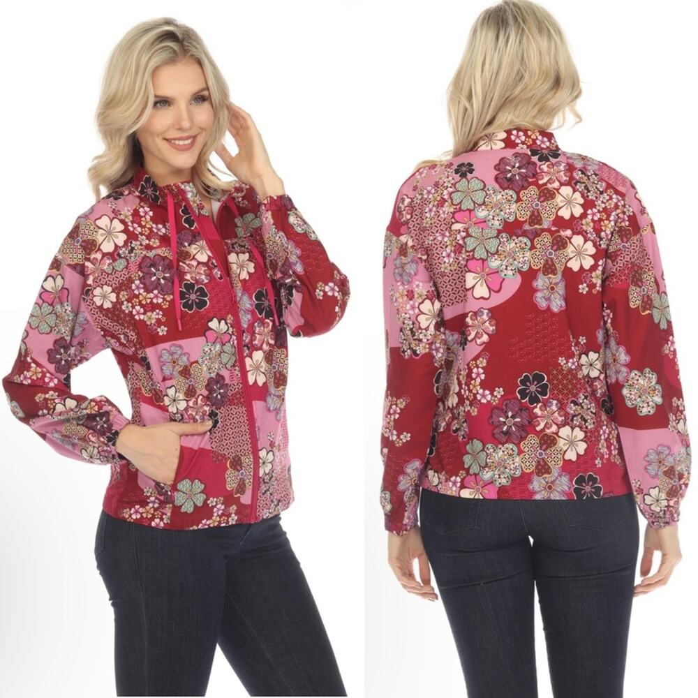 Johnny Was Yama Floral Zip-Up Track Jacket Coat Boho Chic Pink Red NWT